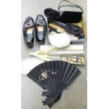 A collection of fans, handbags,