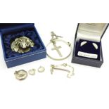 A silver covered Country Artists figure and jewellery including silver