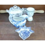 A china pickle dish, double egg cup, lustreware rolling pin,