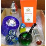 A Langham glass bird, an oriental scent bottle, a Mdina paperweight, a Brierley shaker, boxed, etc.