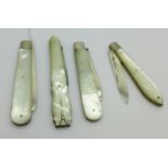 Three silver and mother of pearl fruit knives and one other