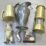 A miner's lamp, a brass bear money box, a pewter jug, etc.