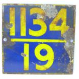 An enamel railway sign marked 1134/19