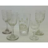 Four etched Georgian glasses and a Masonic glass