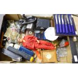 A box of assorted items, model rail, Steve Austen action figure, etc.