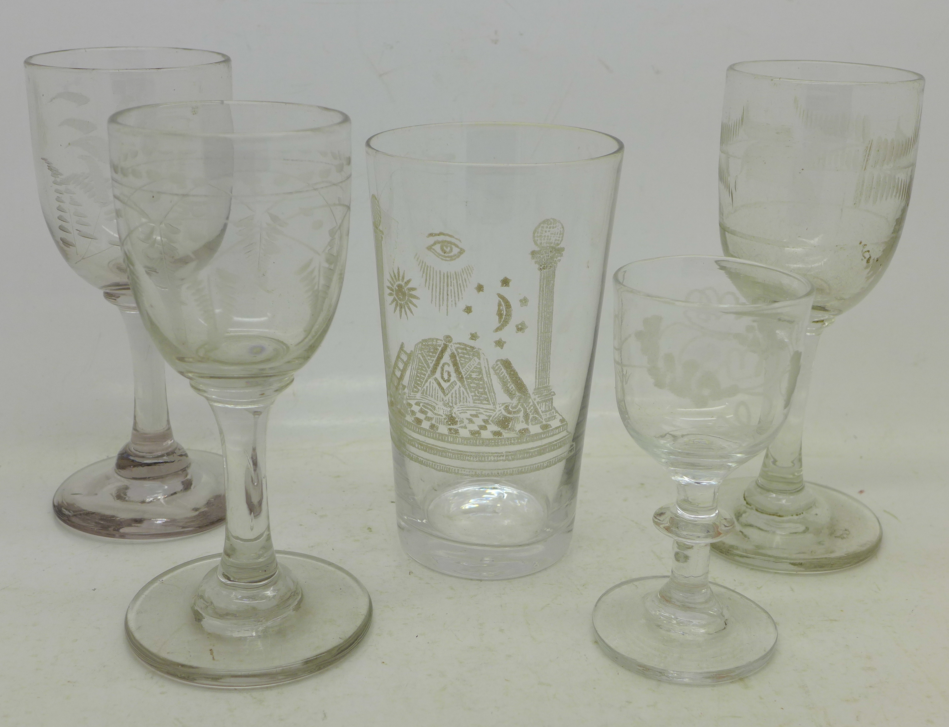 Four etched Georgian glasses and a Masonic glass - Image 2 of 2