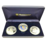 Three Westminster £5 silver coins, boxed, 2005, Channel Islands,