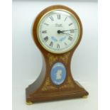 A Comitti inlaid mantel clock with a Jasperware plaque, battery movement,