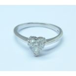 An 18ct white gold, heart shaped diamond solitaire ring, approximately 0.