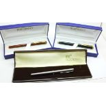 Three boxed fountain pens including Mont Blanc Noblesse and two Waterman with 18k gold nibs