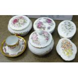 Two Wedgwood Clio trinket pots, a trio, a Limoges coffee can and saucer,