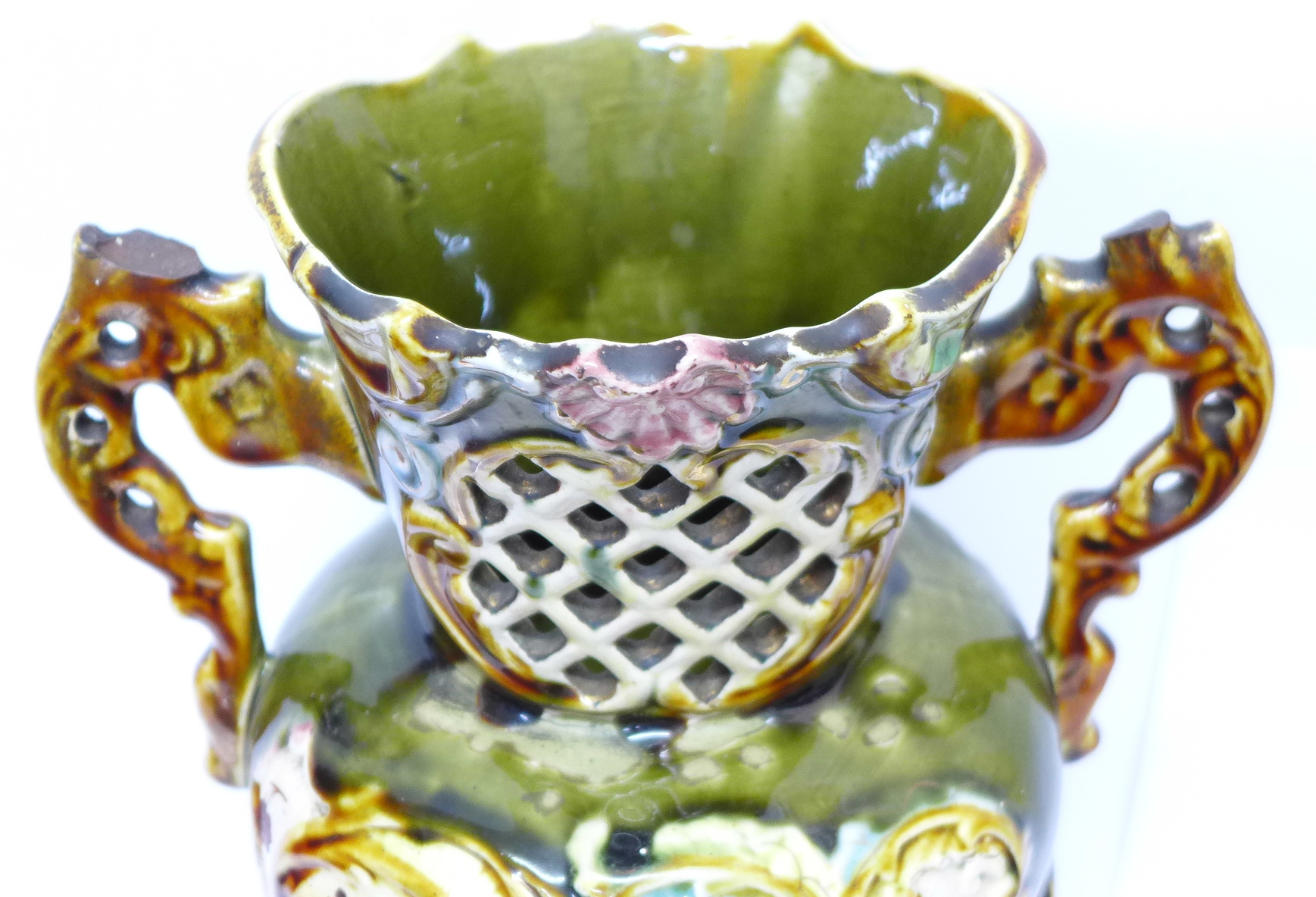 A majolica floral decorated vase, a/f, - Image 2 of 4