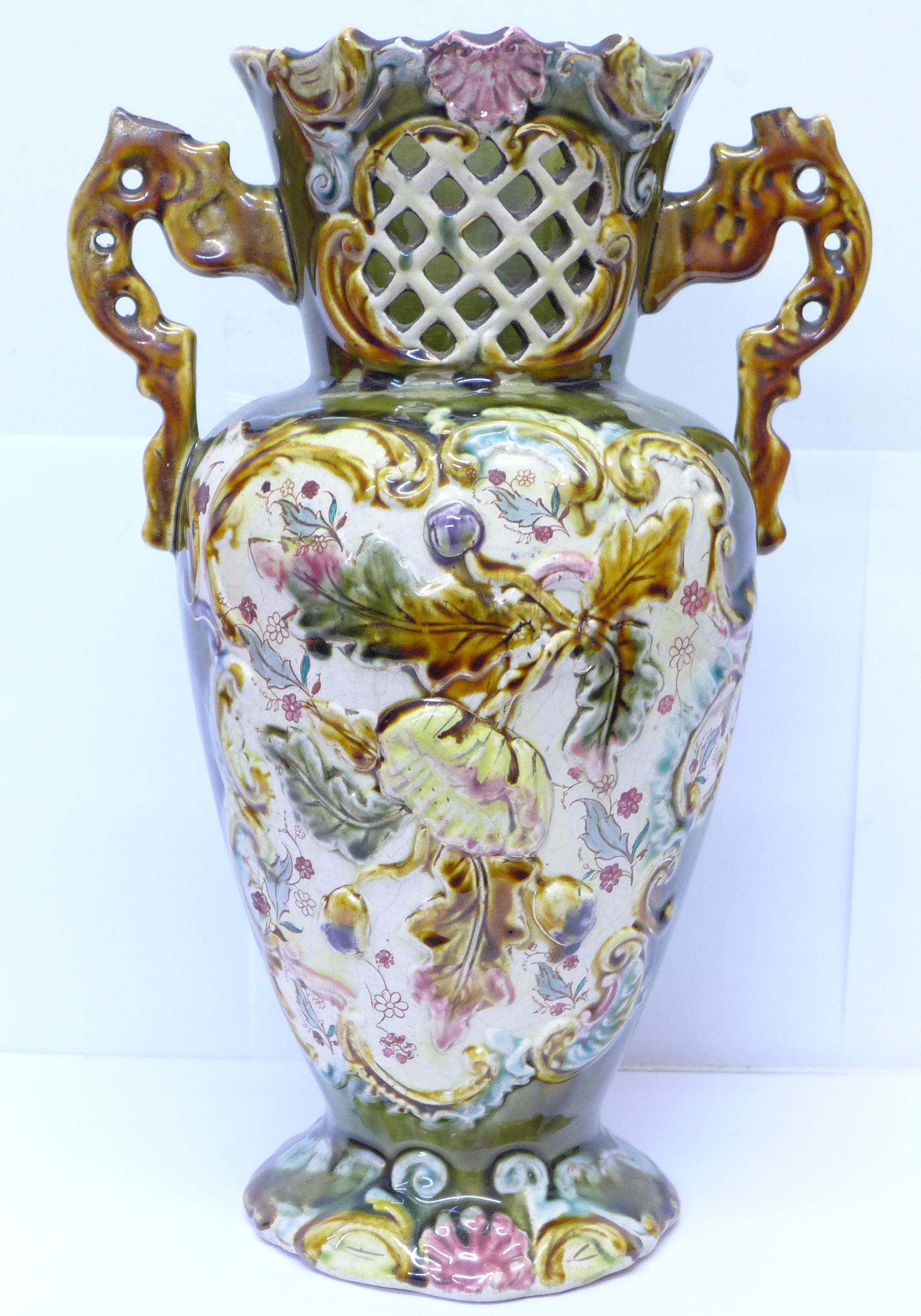 A majolica floral decorated vase, a/f,