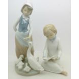 A Lladro figure of a lady with geese and a Nao figure