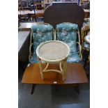 A pair of bamboo armchairs and stool,