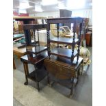 Two oak barleytwist occasional tables and two trolleys