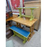 An oak parquetry topped table and a pair of painted benches