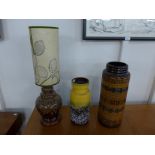 Two West German glazed vases and a table lamp