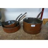 Five copper saucepans,