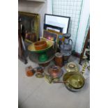 Assorted metal wares, brass table lamp, two oil paintings and prints, etc.