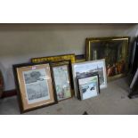 An interior scene print, five locomotive prints, map of Essex,