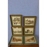 A pair of signed etchings of Cornwall and four prints of Nottingham