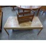 A teak coffee table and a magazine rack