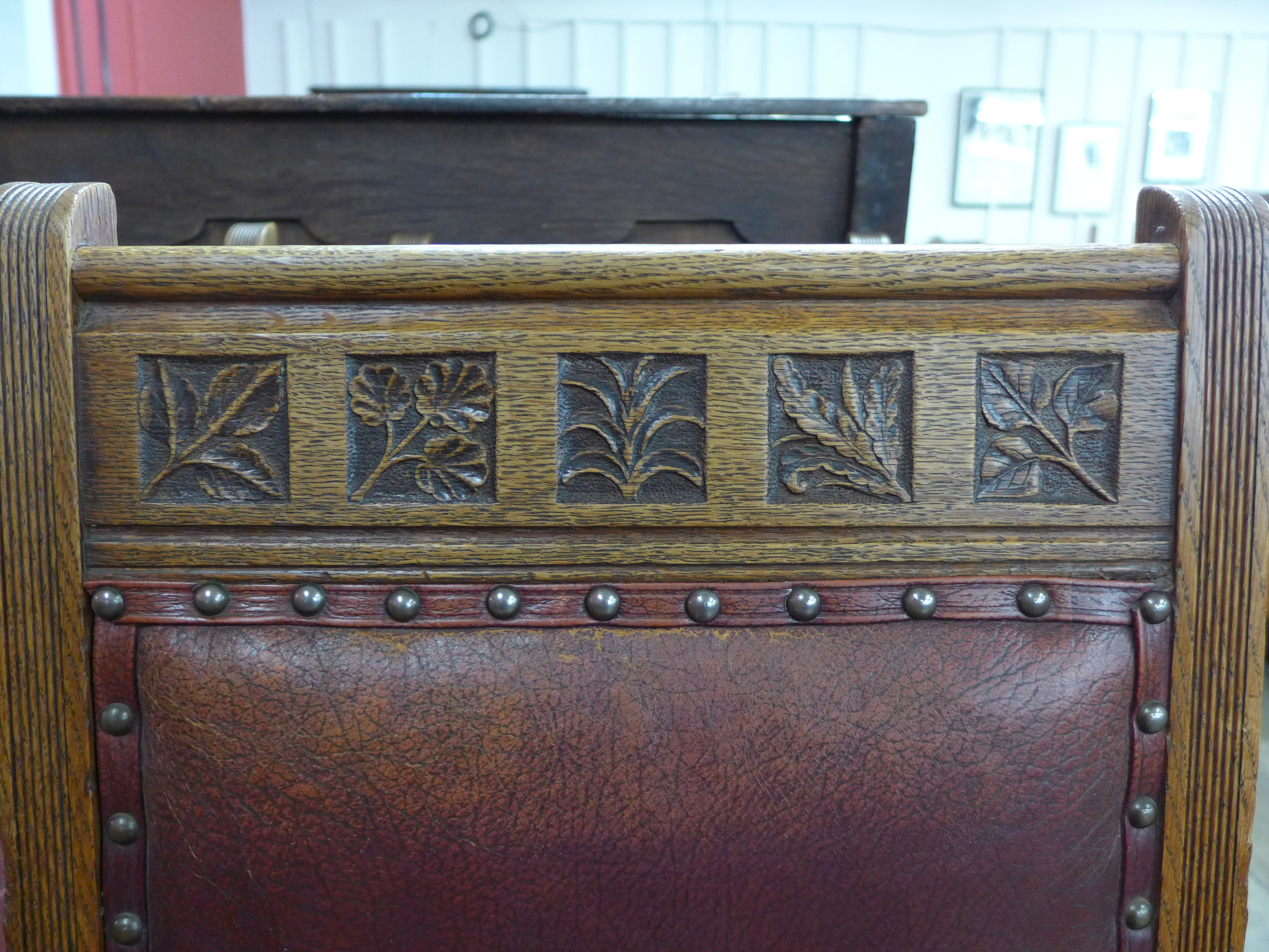 A set of ten Victorian oak and leather dining chairs, made by Plunknett & Steevens, - Image 4 of 7