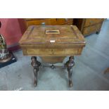 A Victorian burr walnut and Kilarney ware inlaid sewing/games table