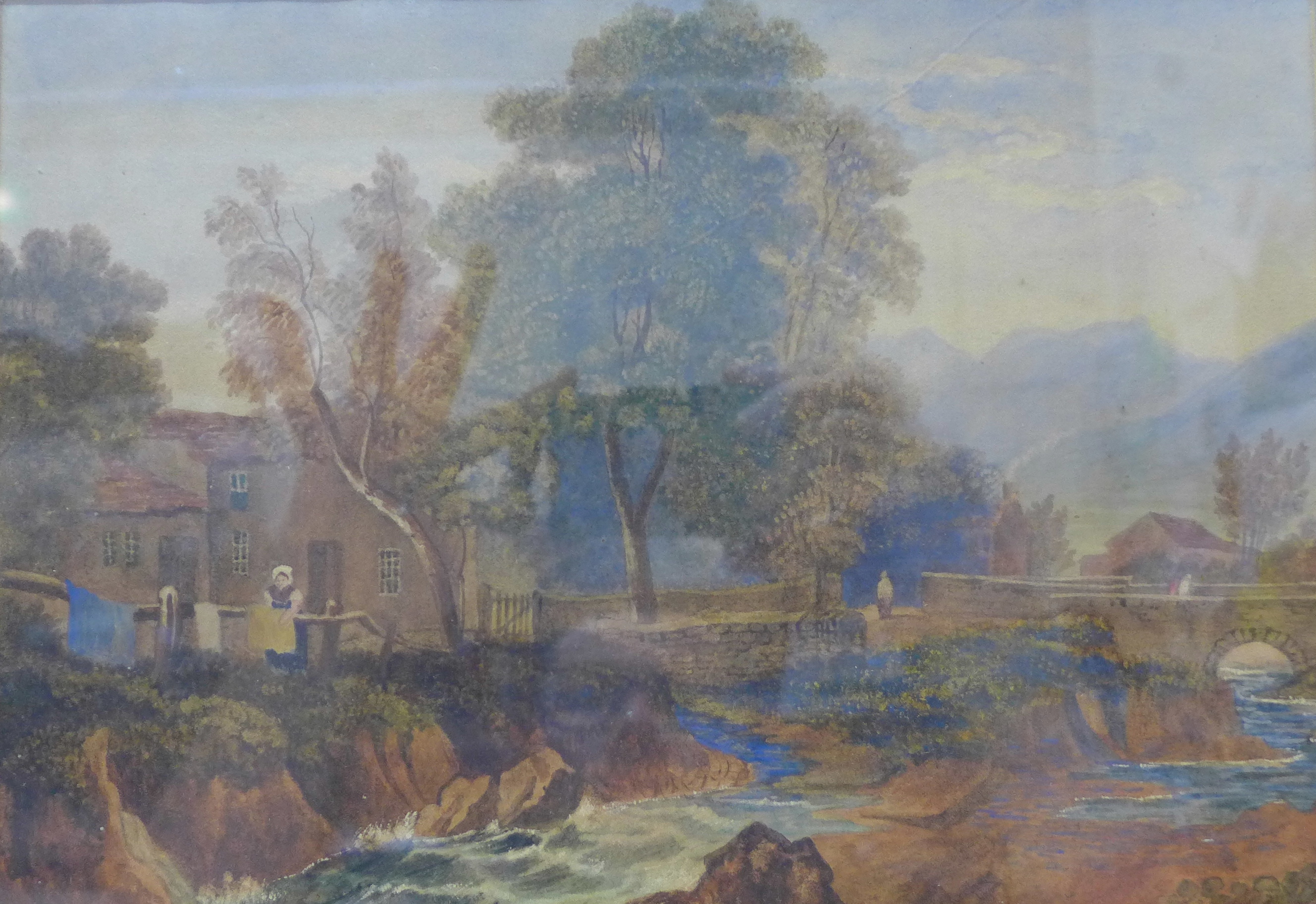 English School (19th Century), river landscape with figures, watercolour, 20 x 28cms,