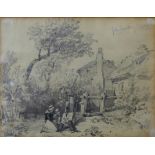 James Duffield Harding (1797 - 1863), figures by a cottage gate, pencil drawing on paper,