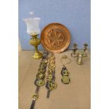 A copper charger, brass oil lamp, egg timer, etc.