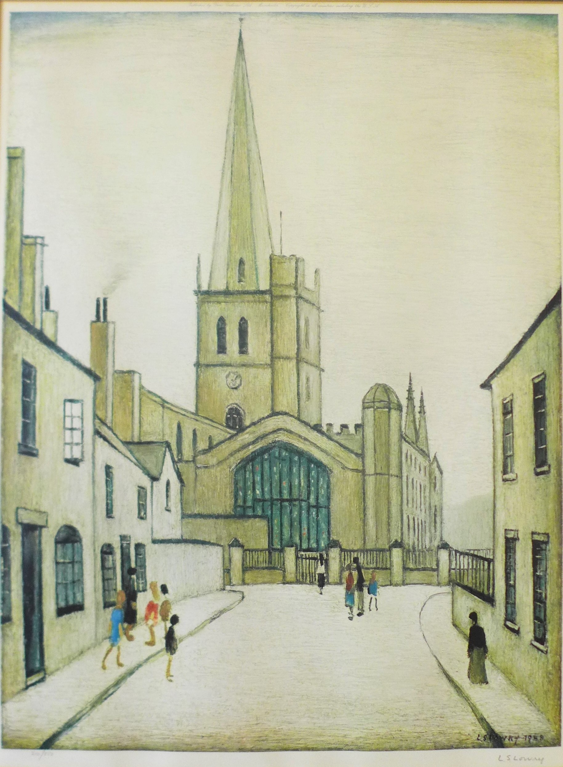 Laurence Stephen Lowry RA (1887 - 1976), Burford Church, signed colour print,
