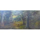English School, loggers in a woodland clearing, oil on canvas, 29 x 59cms,