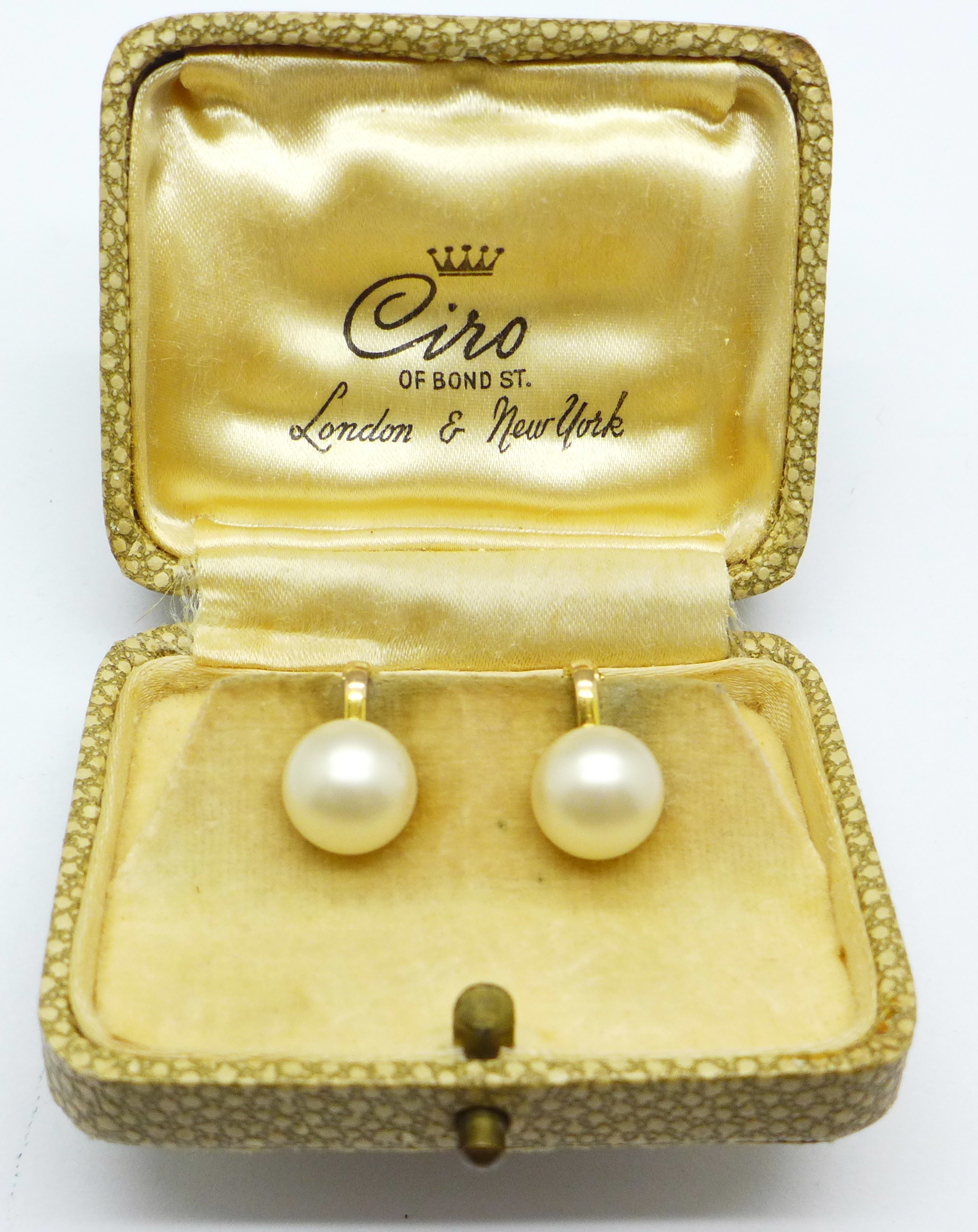 A pair of 9ct gold mounted Ciro pearl earrings,