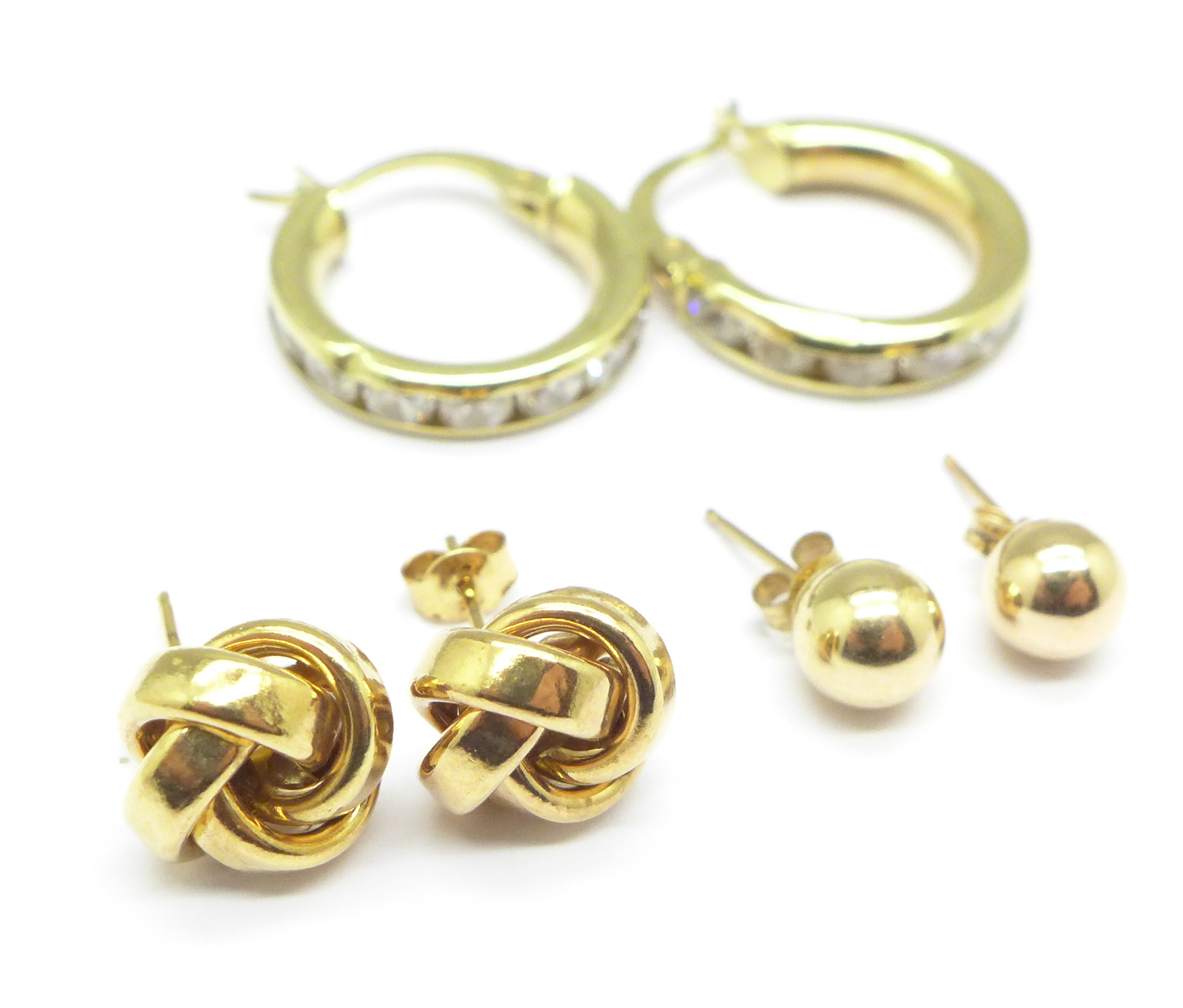 Three pairs of 9ct gold earrings, 3.