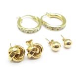 Three pairs of 9ct gold earrings, 3.