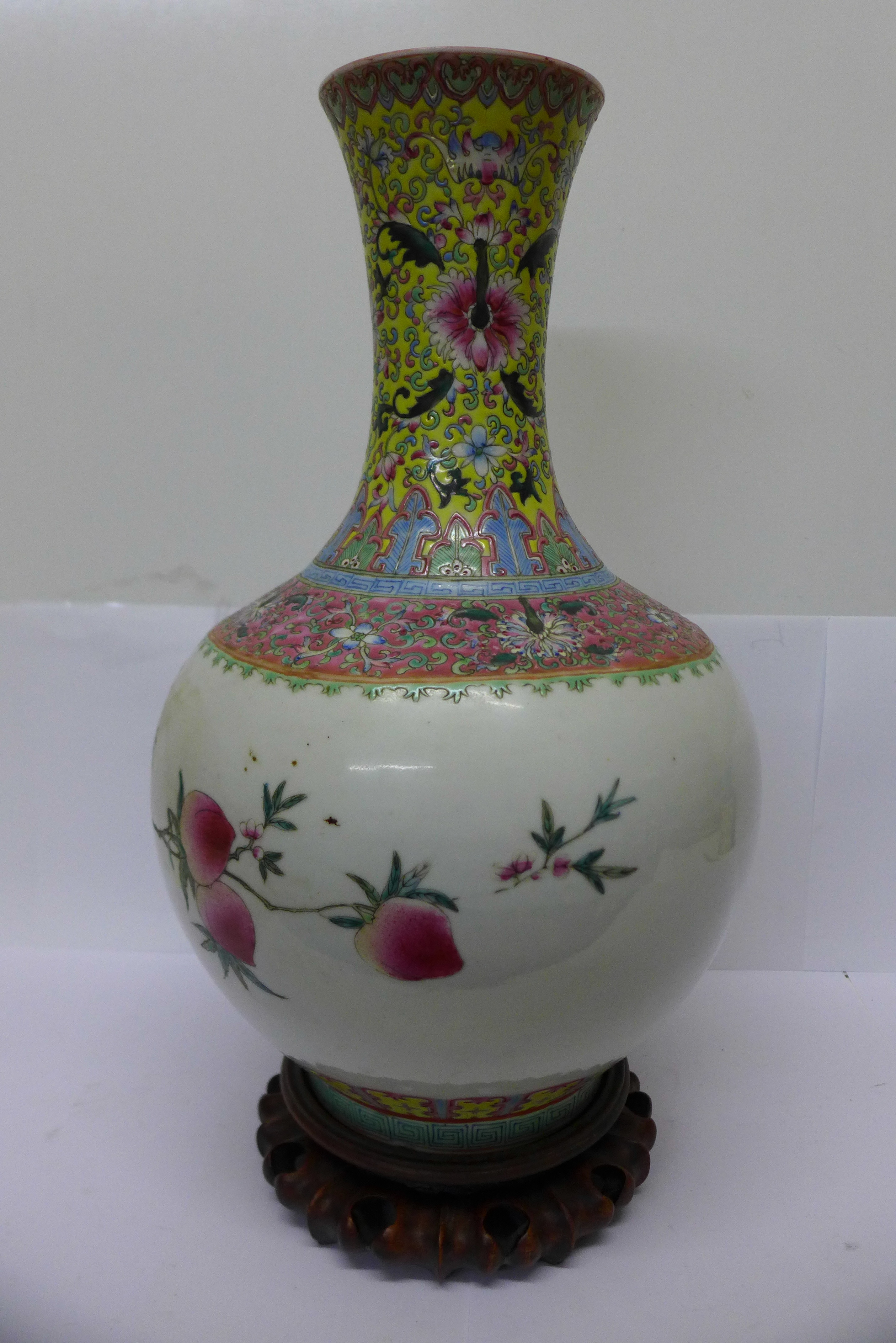 A Chinese famille verte vase on carved stand, six character mark on the base, - Image 4 of 8