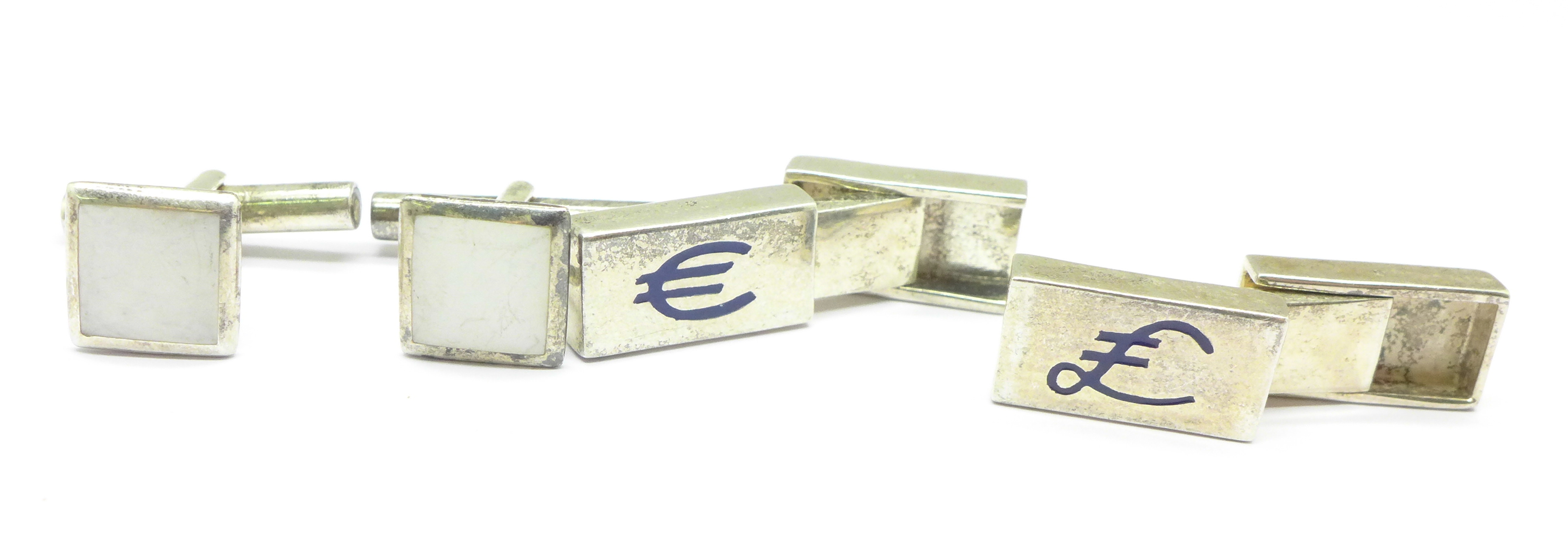 Two pairs of silver cufflinks including one with money symbols, - Image 2 of 2