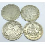 Three Victorian Gothic crown head florins and one Australian George V Gothic head florin,