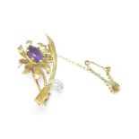 A 9ct gold, amethyst and diamond brooch, 3.