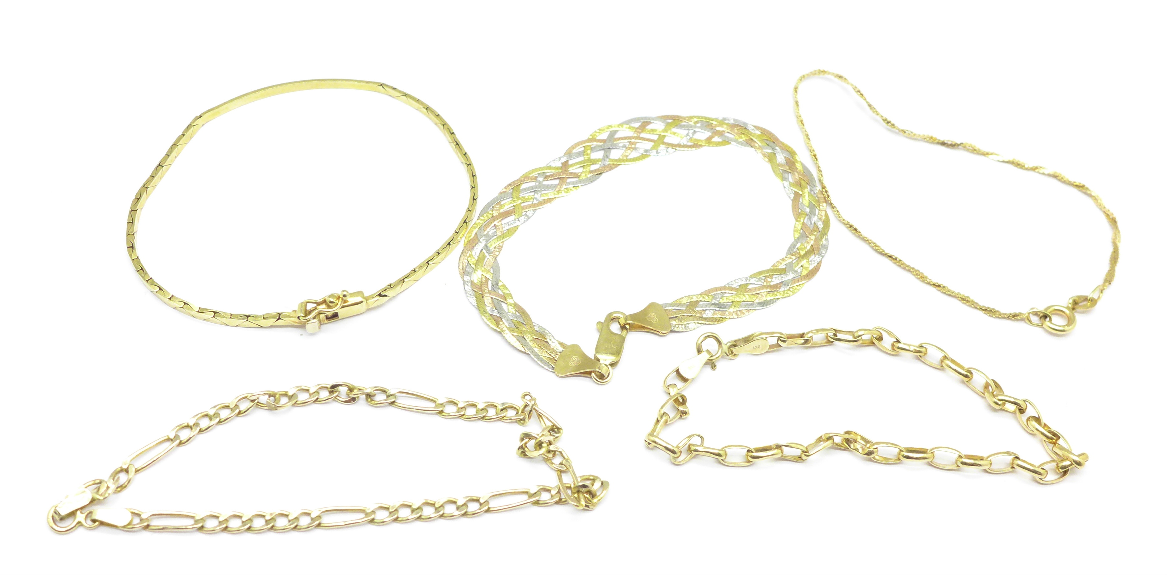 Five 9ct gold bracelets, 11.