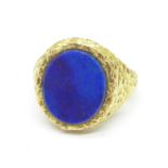 A 9ct gold, blue stone ring, 10.