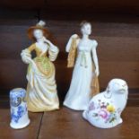 Two Francesca Art china figures, Emma and Sarah, a Royal Crown Derby paperweight, The Spaniel,