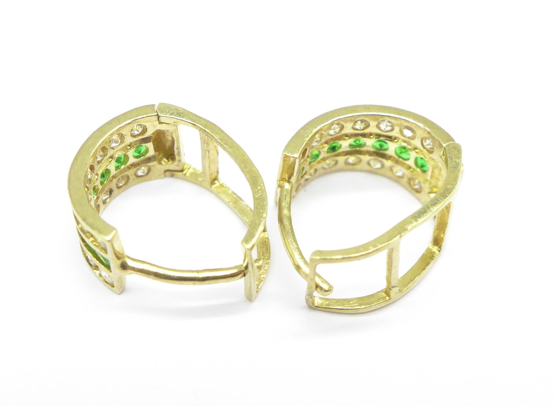 A pair of 9ct gold green and white stone earrings, 1. - Image 2 of 2