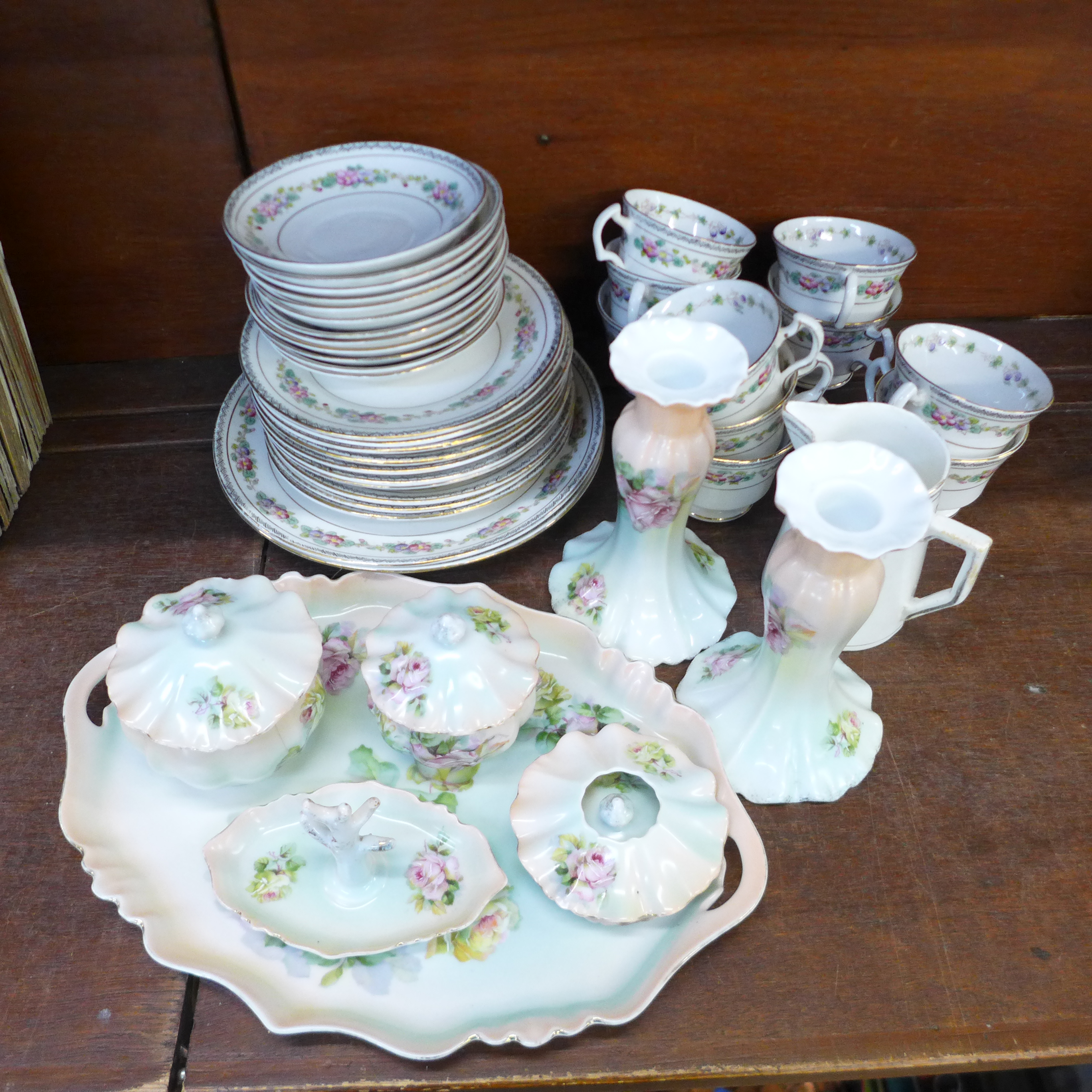 A dressing table set and a part teaset, (10 cups, 12 saucers,