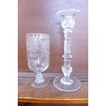 An etched glass celery vase and a crystal candlestick (2),