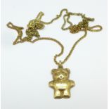 A 9ct gold Teddy bear pendant on an 18ct gold chain, chain 3.