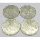 Four silver 10 Deutsche mark coins, 1972 Olympic Games, 62.