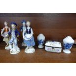 Four Bavarian Echt Kobalt figures and a pair of Royal Copenhagen peppers,